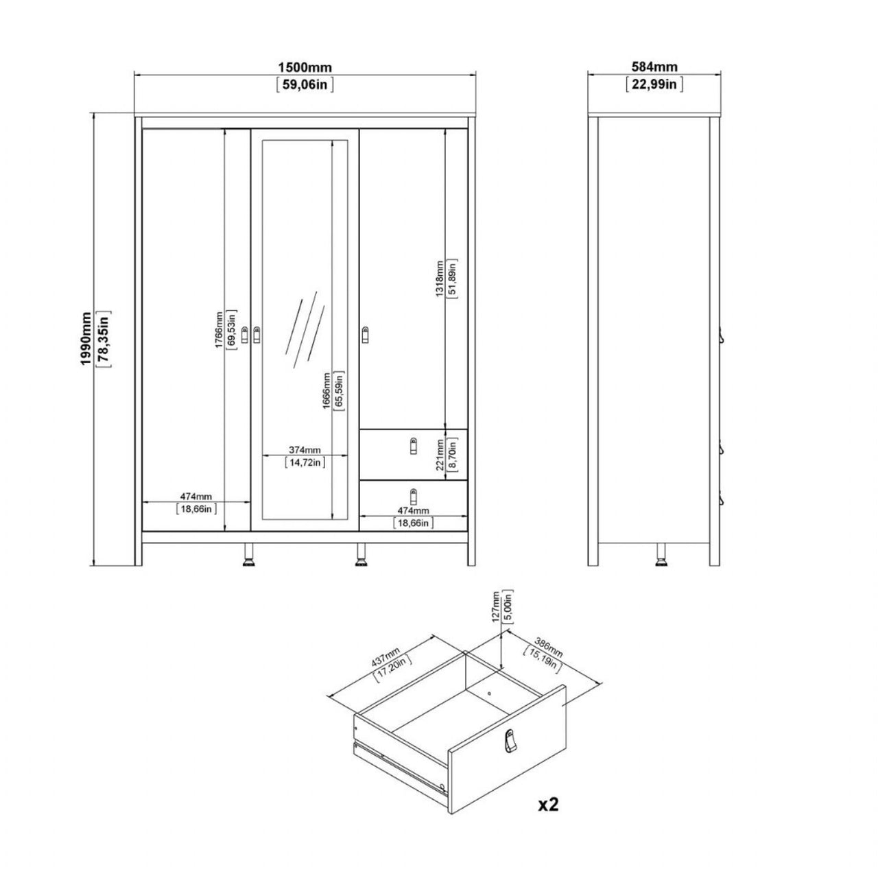 Madrid Wardrobe with 2 doors 1 mirror door + 2 drawers Matt Black