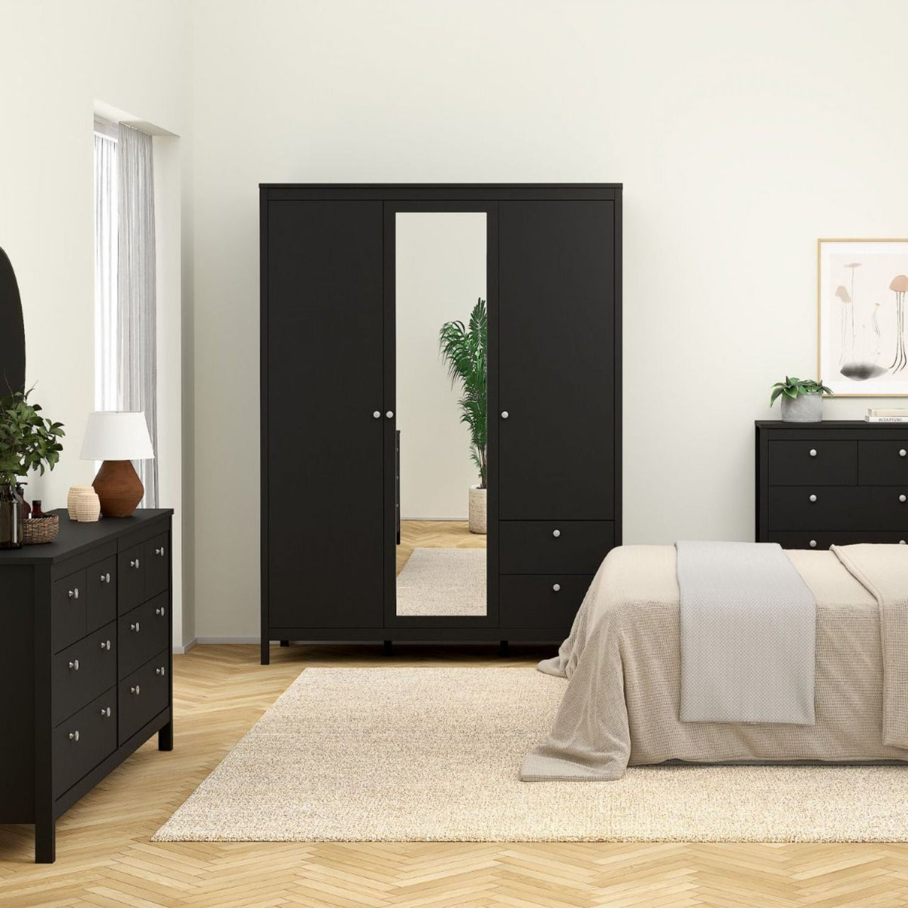 Madrid Wardrobe with 2 doors 1 mirror door + 2 drawers Matt Black