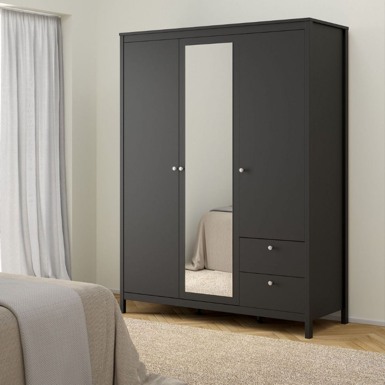 Madrid Wardrobe with 2 doors 1 mirror door + 2 drawers Matt Black