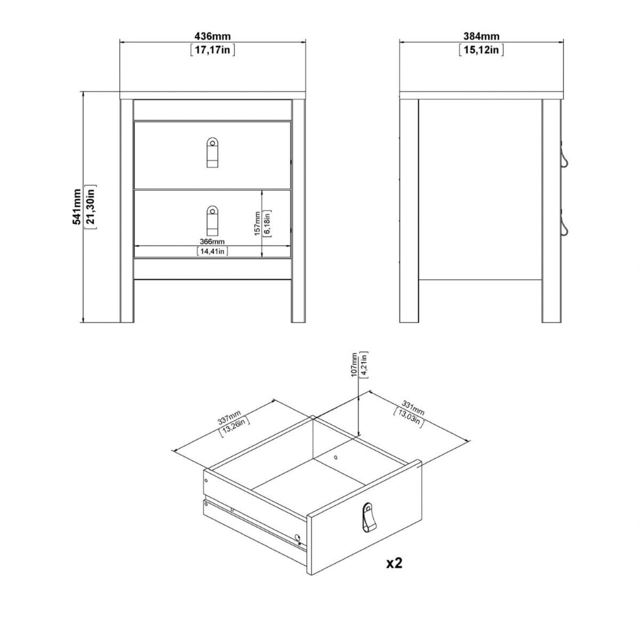 Finish Simple 2 Drawer Bedside Table