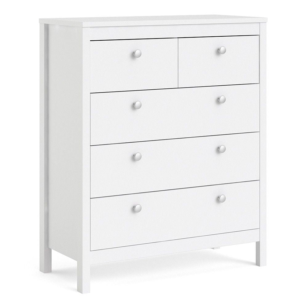 White 5 Drawer Chest With Round Metal Knobs