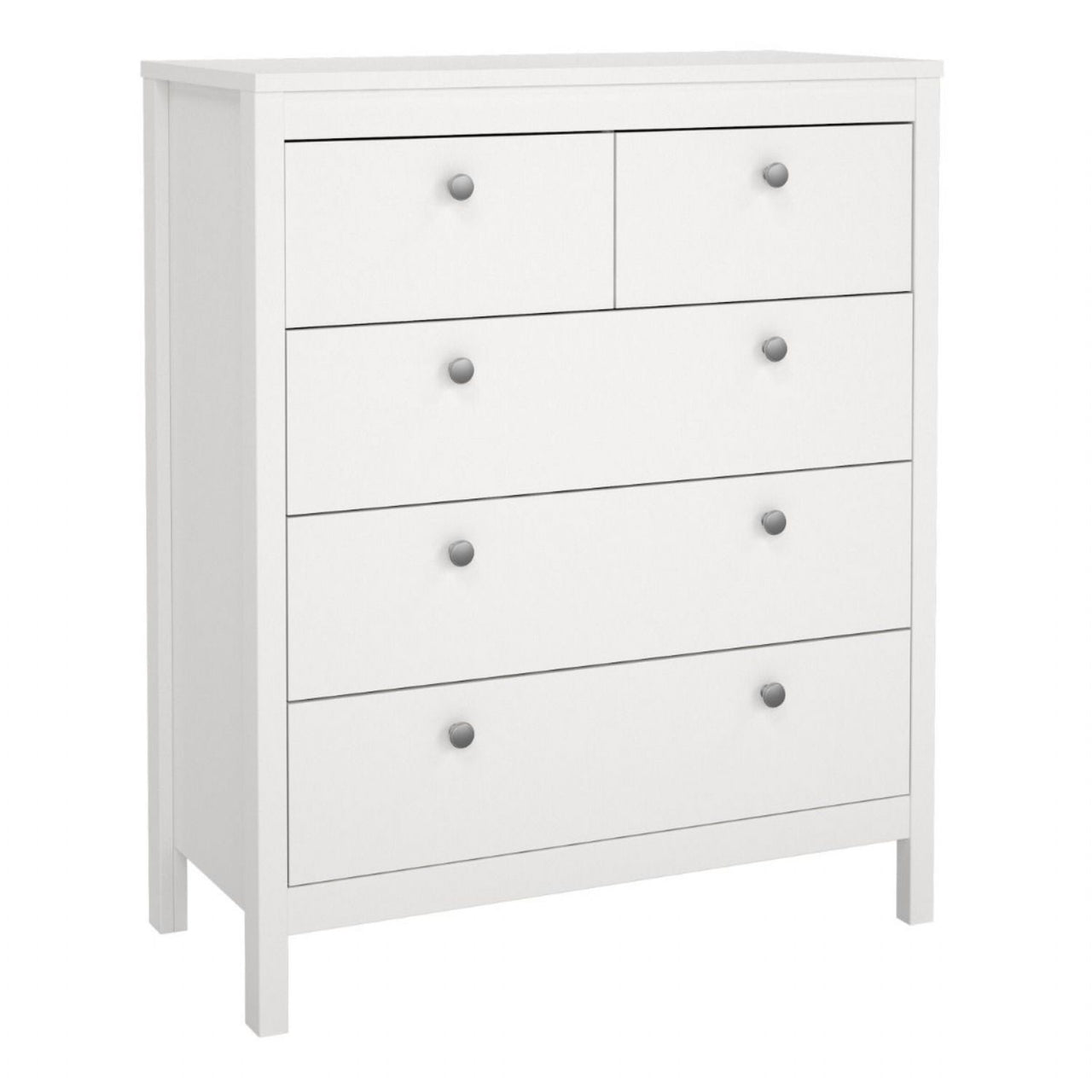 White 5 Drawer Chest With Round Metal Knobs