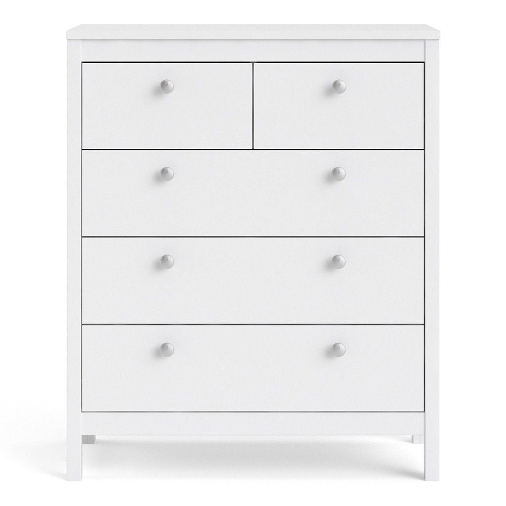 White 5 Drawer Chest With Round Metal Knobs