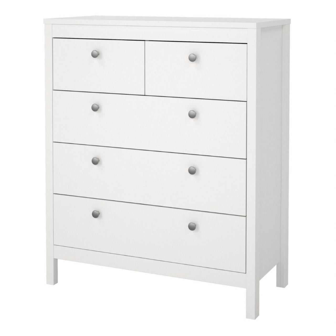 White 5 Drawer Chest With Round Metal Knobs