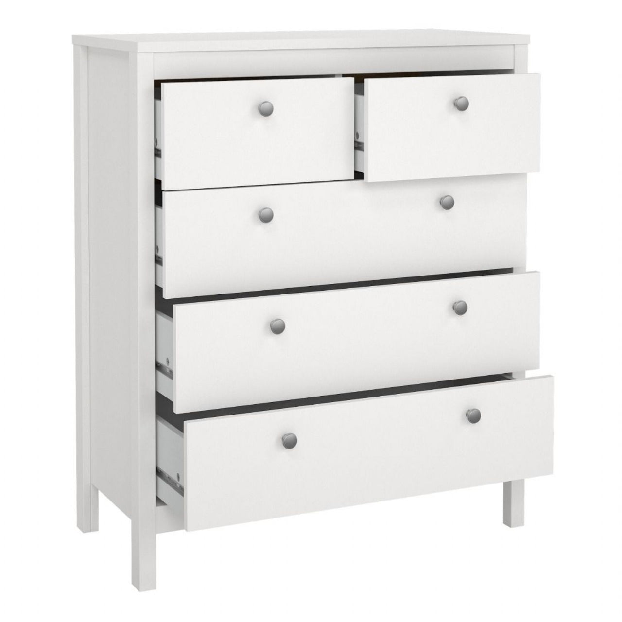 White 5 Drawer Chest With Round Metal Knobs