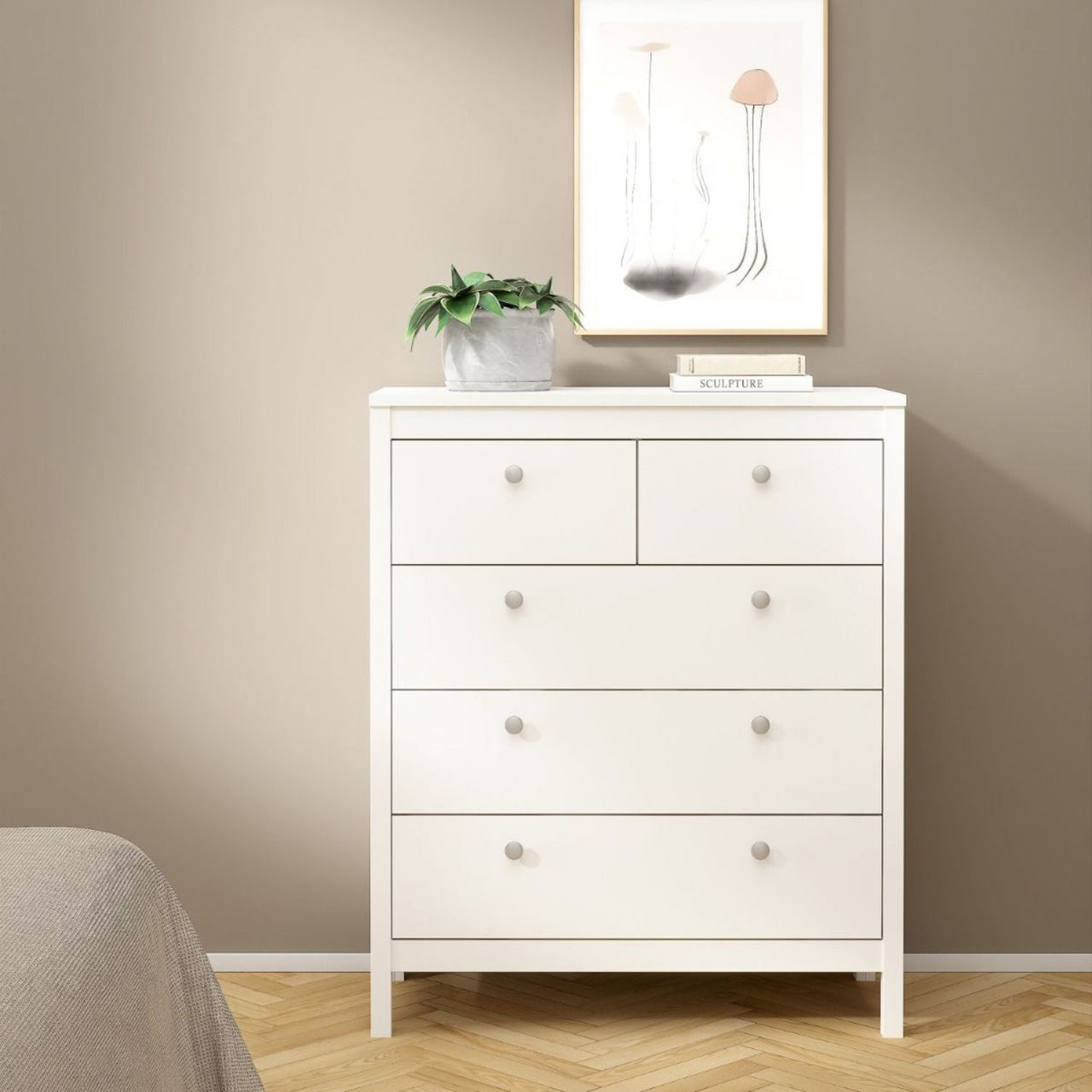 White 5 Drawer Chest With Round Metal Knobs