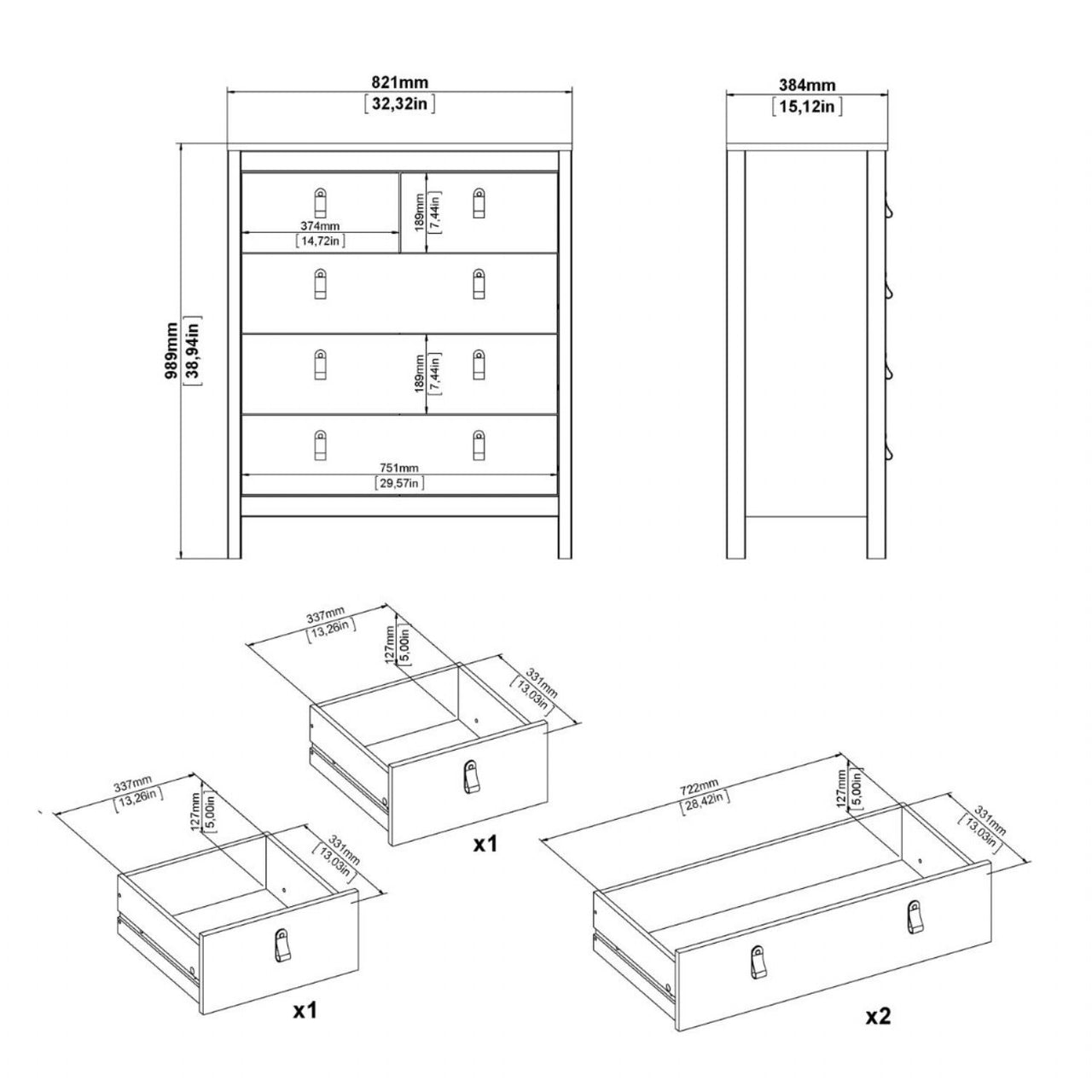 Matt Black 5 Drawer Chest Drawers Round Metal Knobs