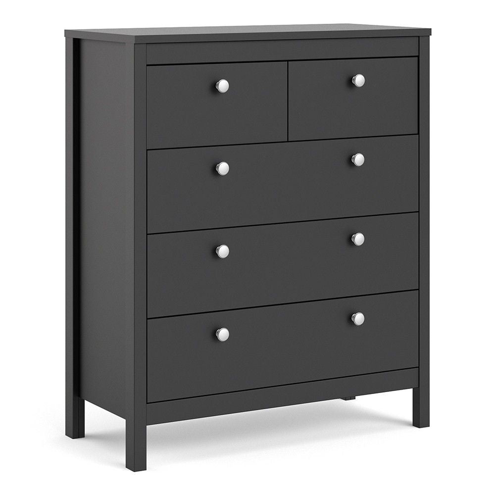 Matt Black 5 Drawer Chest Drawers Round Metal Knobs