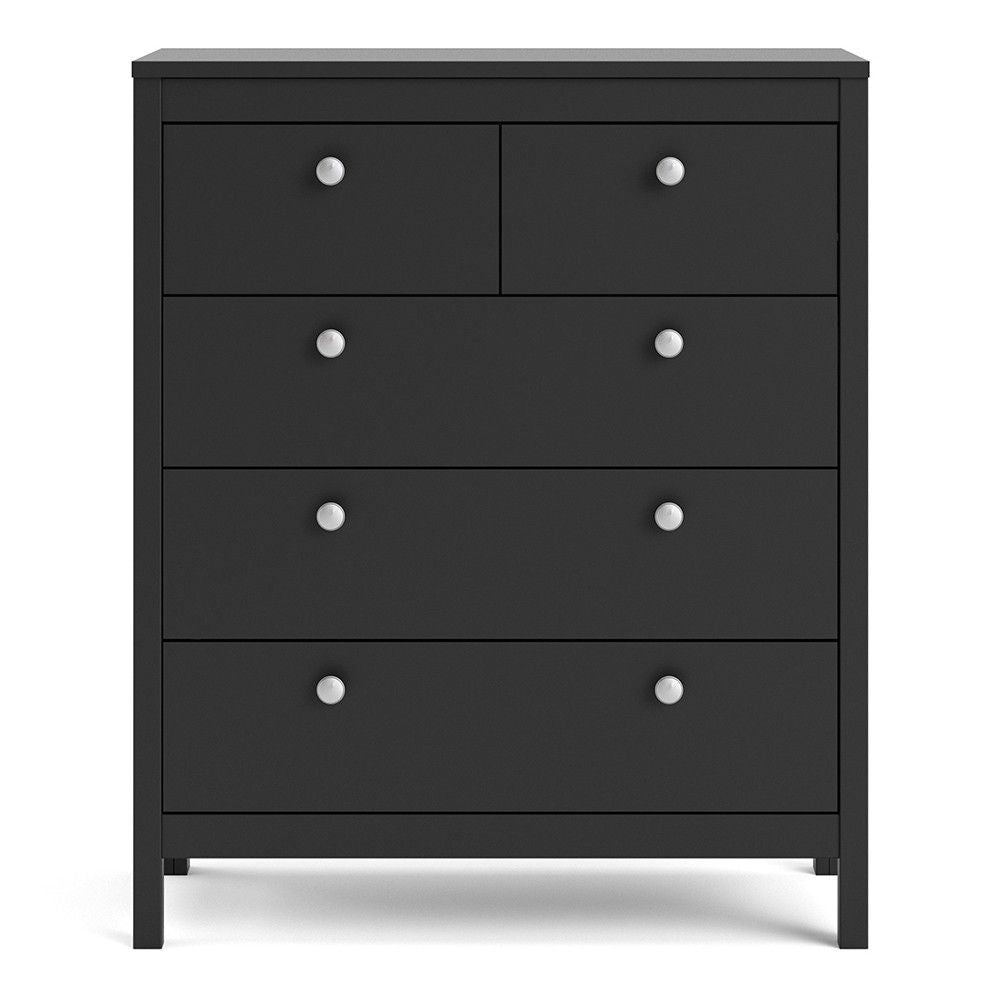 Matt Black 5 Drawer Chest Drawers Round Metal Knobs