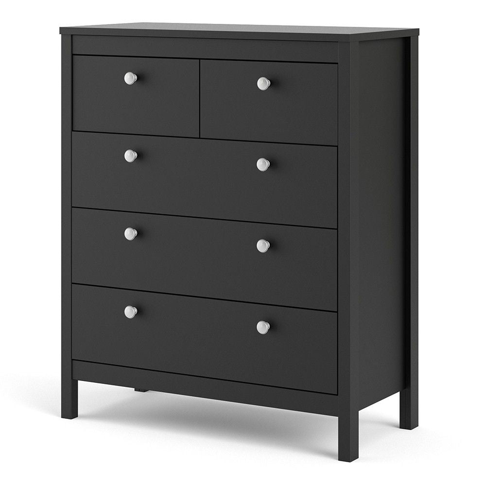 Matt Black 5 Drawer Chest Drawers Round Metal Knobs