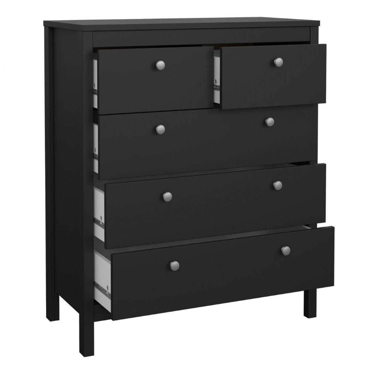 Matt Black 5 Drawer Chest Drawers Round Metal Knobs