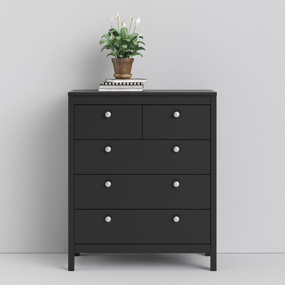 Matt Black 5 Drawer Chest Drawers Round Metal Knobs