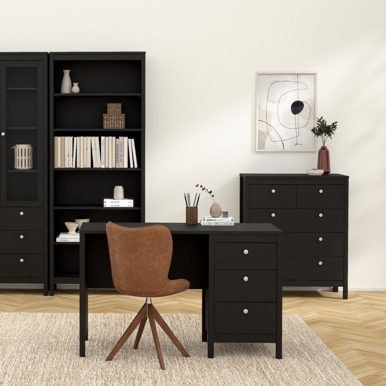 Matt Black 5 Drawer Chest Drawers Round Metal Knobs