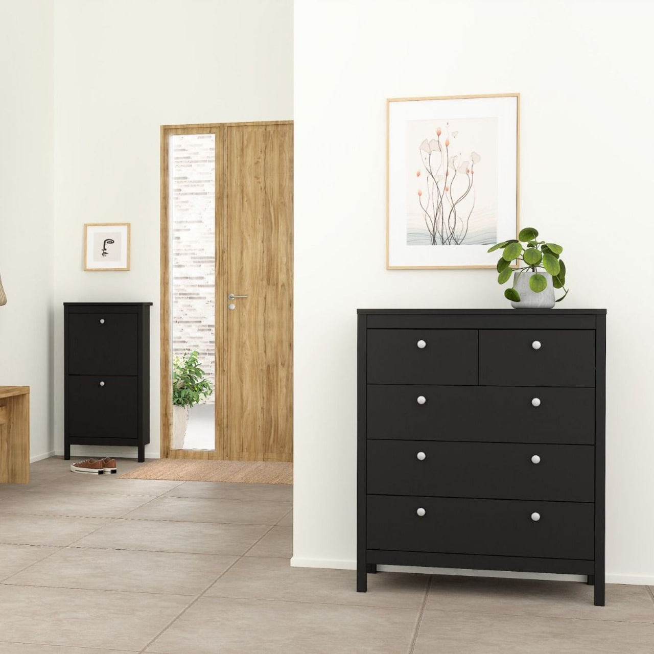 Matt Black 5 Drawer Chest Drawers Round Metal Knobs