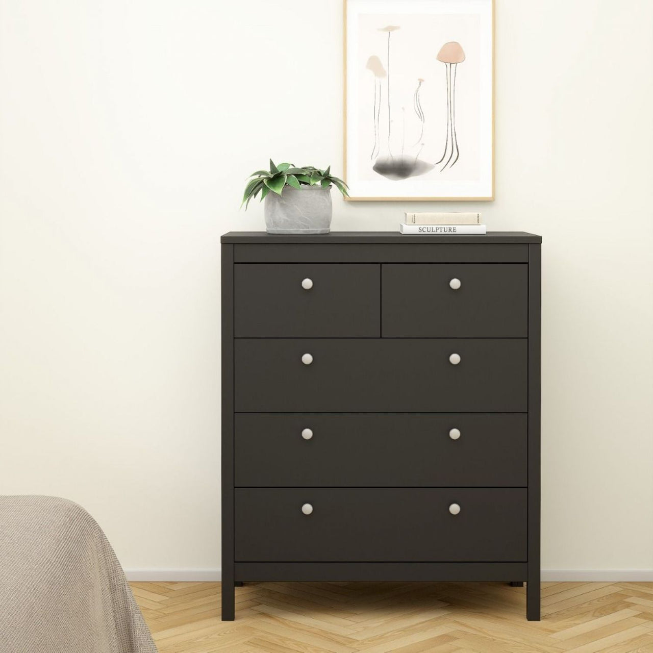 Matt Black 5 Drawer Chest Drawers Round Metal Knobs