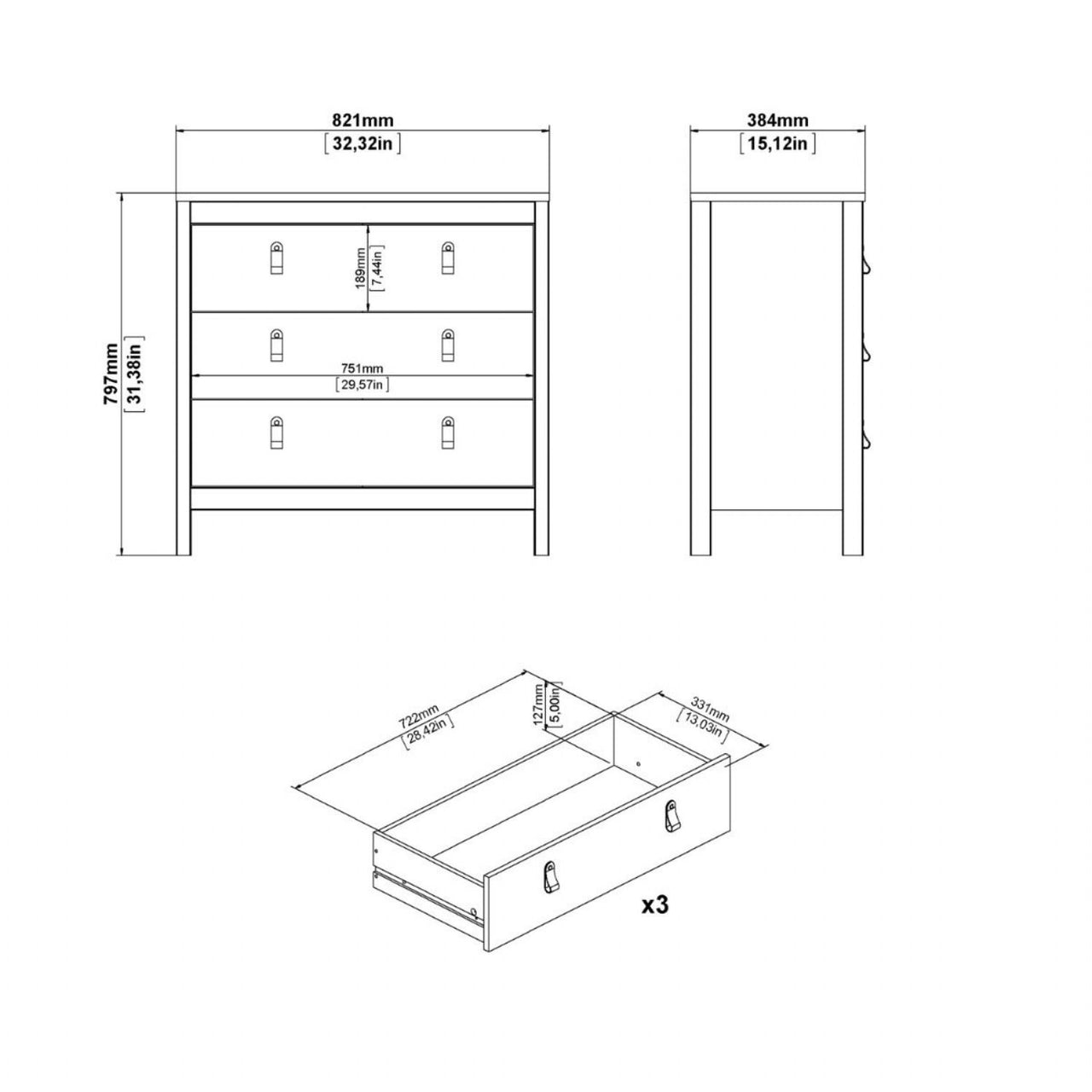 Modern Wide White 3 Drawer Chest