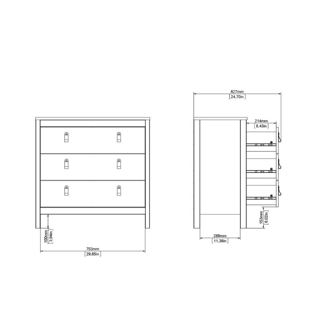 Modern Wide White 3 Drawer Chest