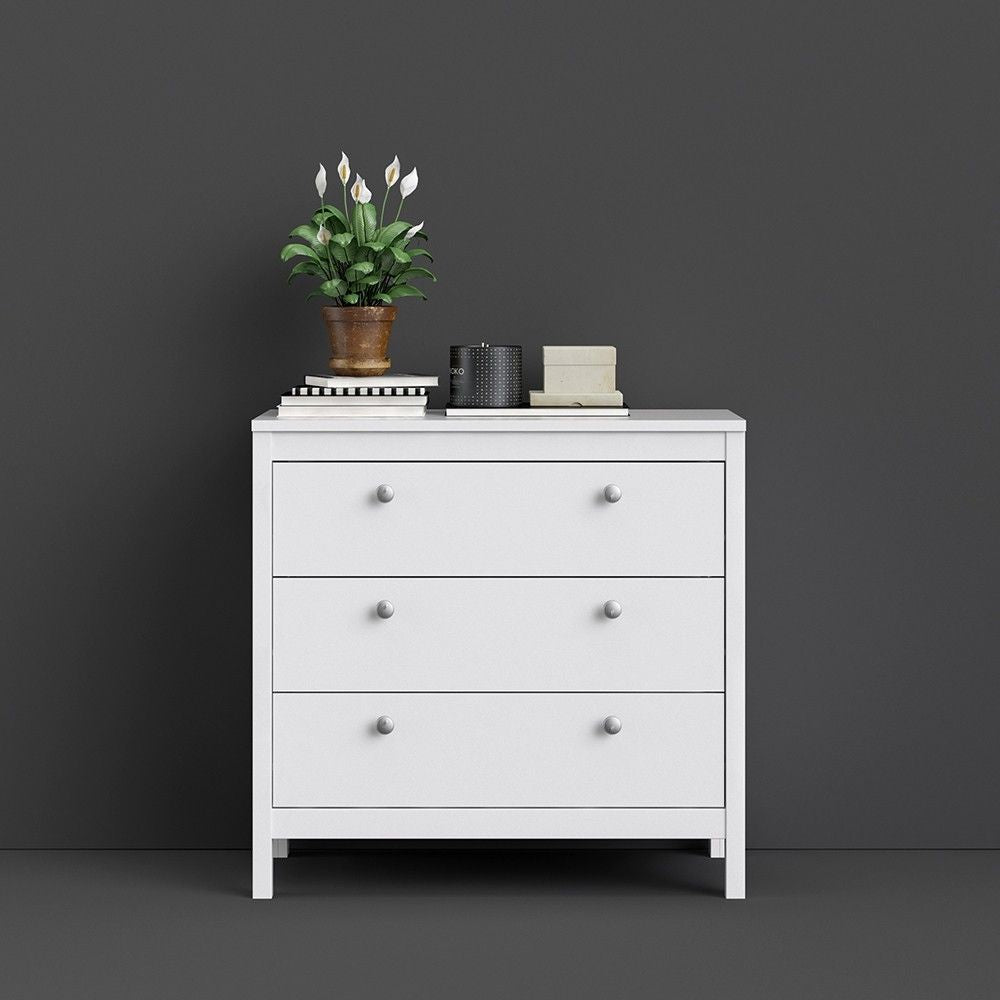 Modern Wide White 3 Drawer Chest