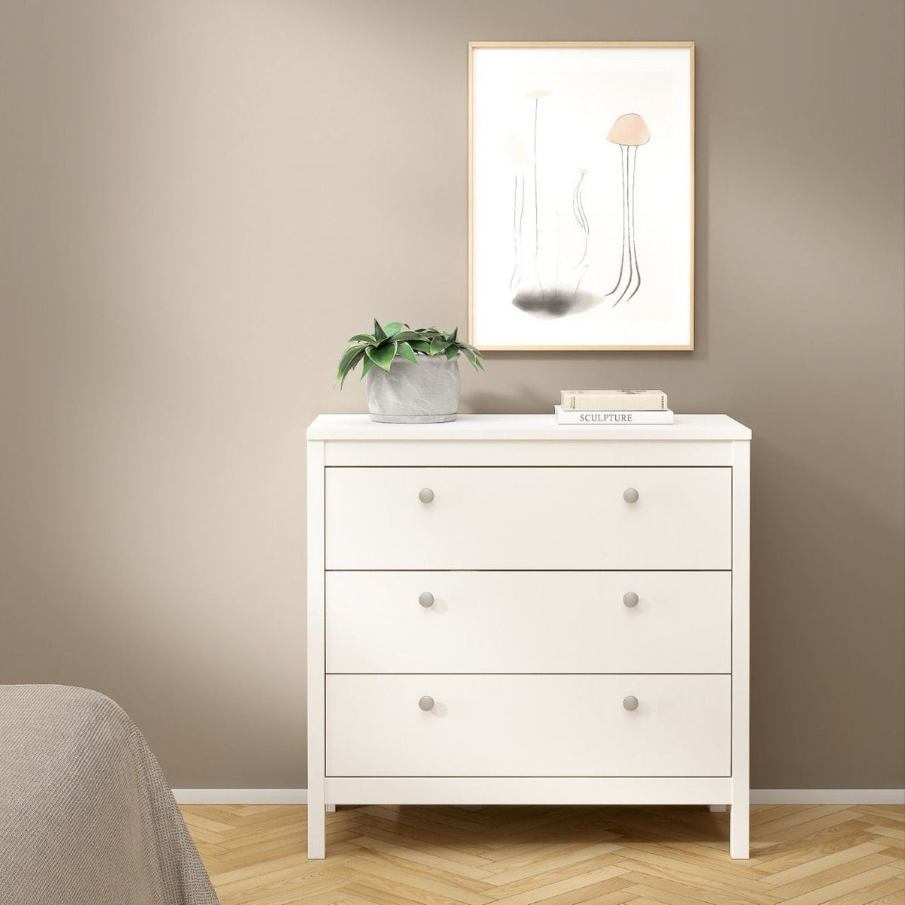 Modern Wide White 3 Drawer Chest