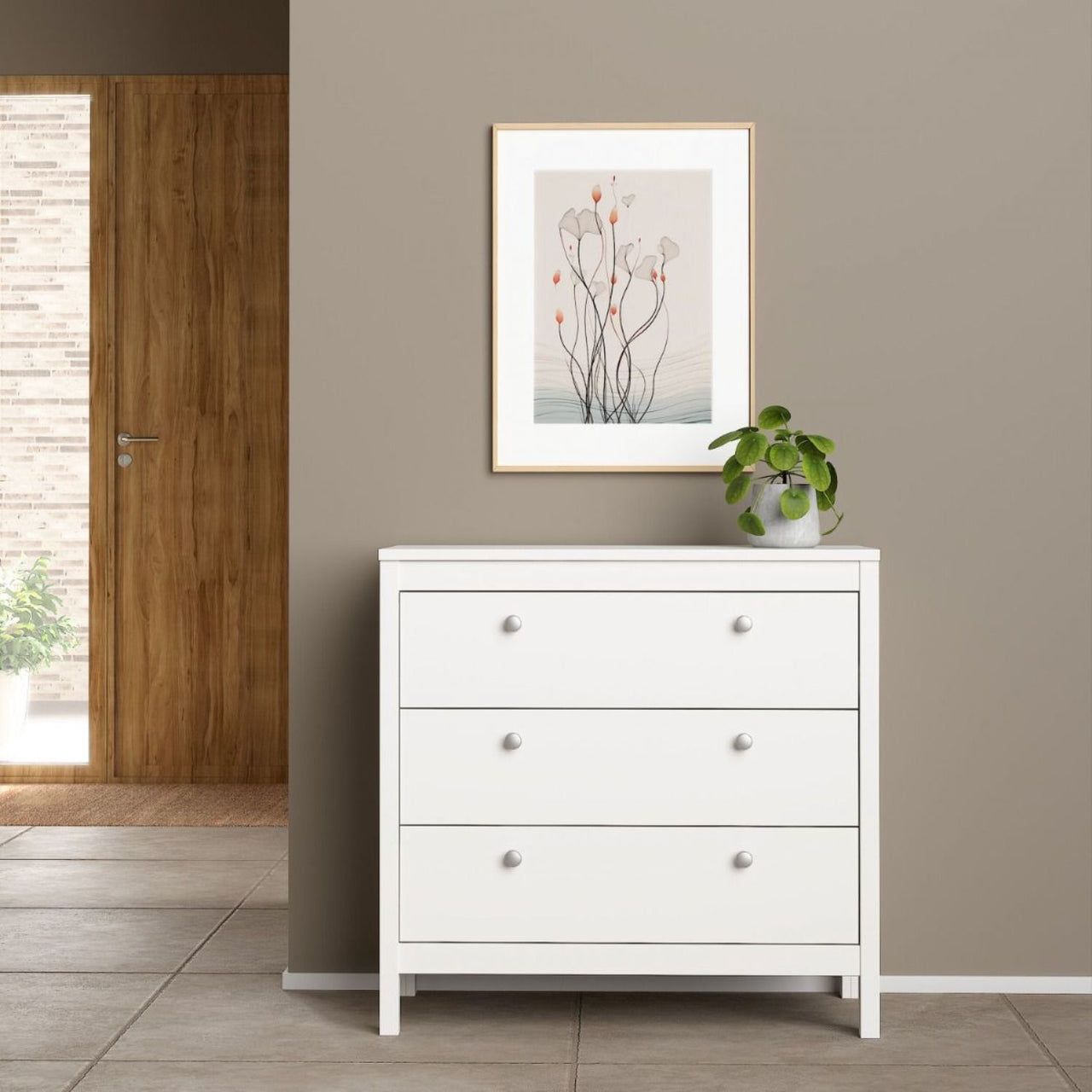 Modern Wide White 3 Drawer Chest