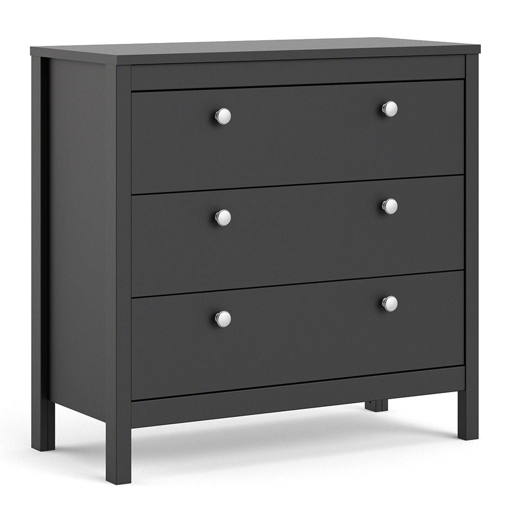 Wide Matt Black 3 Drawer Chest With Metal Handles