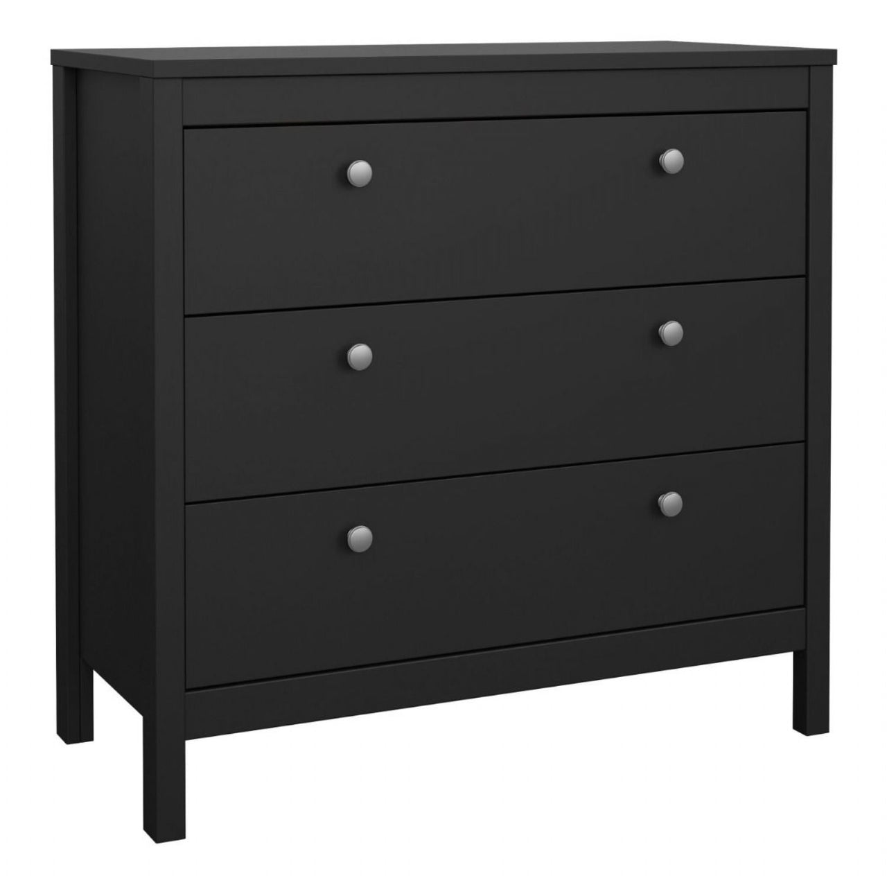 Wide Matt Black 3 Drawer Chest With Metal Handles