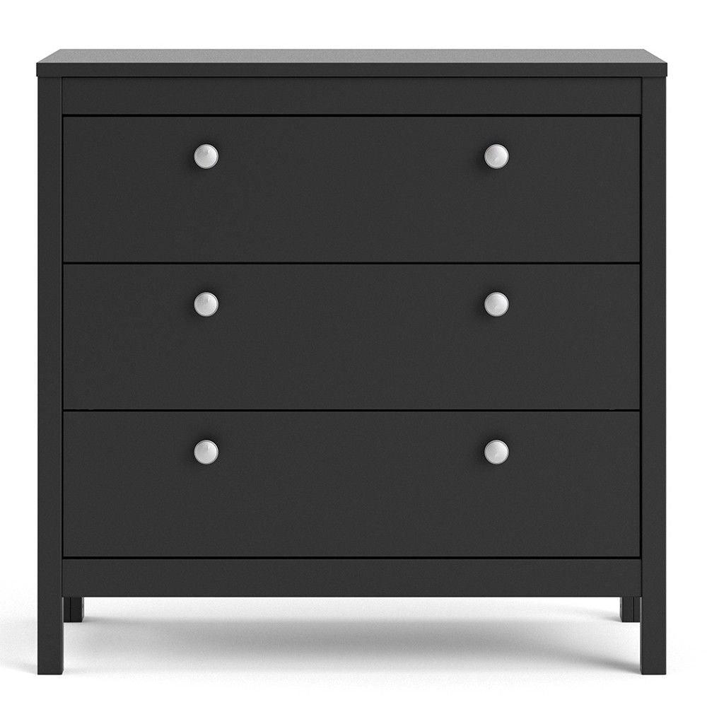 Wide Matt Black 3 Drawer Chest With Metal Handles