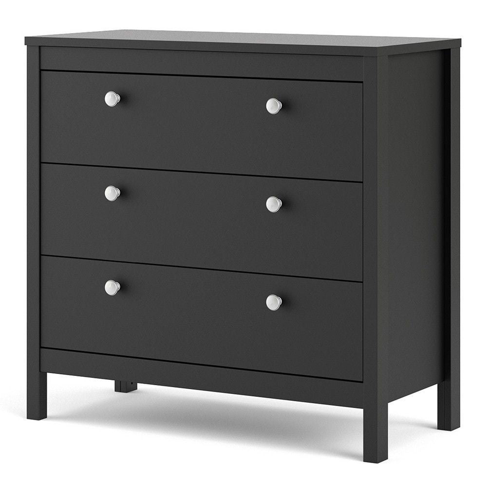 Wide Matt Black 3 Drawer Chest With Metal Handles