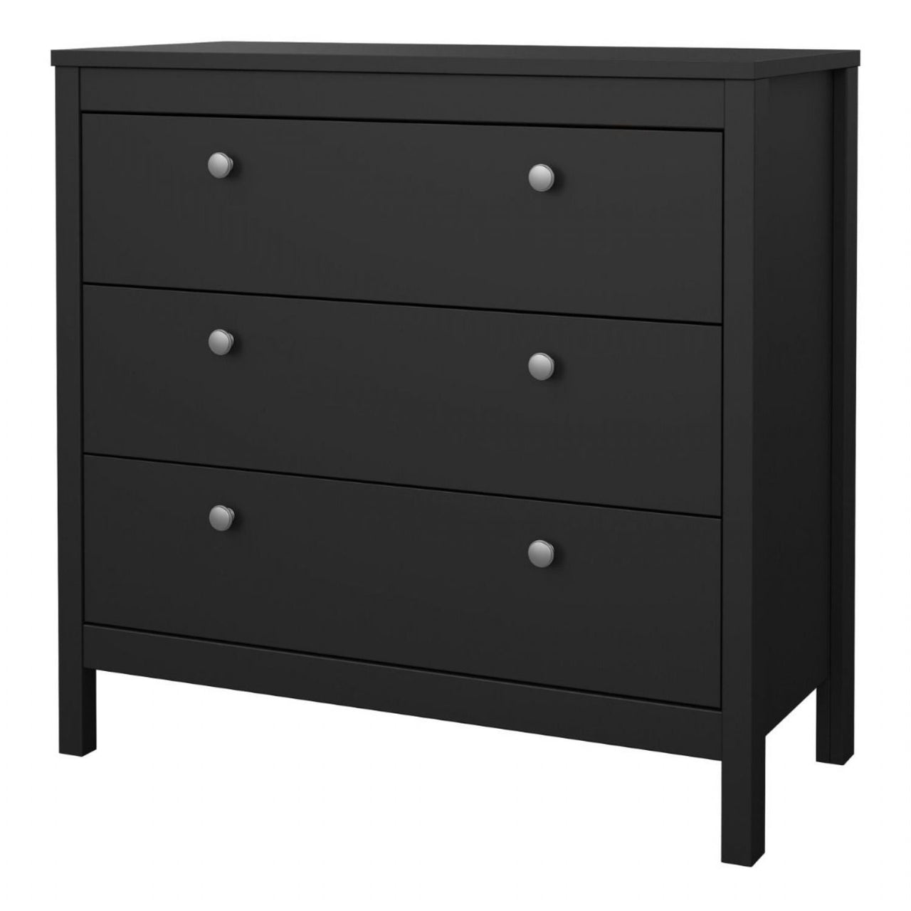 Wide Matt Black 3 Drawer Chest With Metal Handles