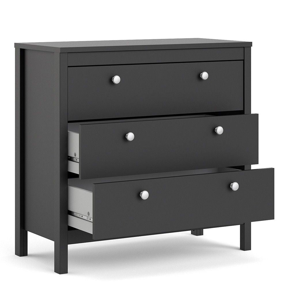 Wide Matt Black 3 Drawer Chest With Metal Handles