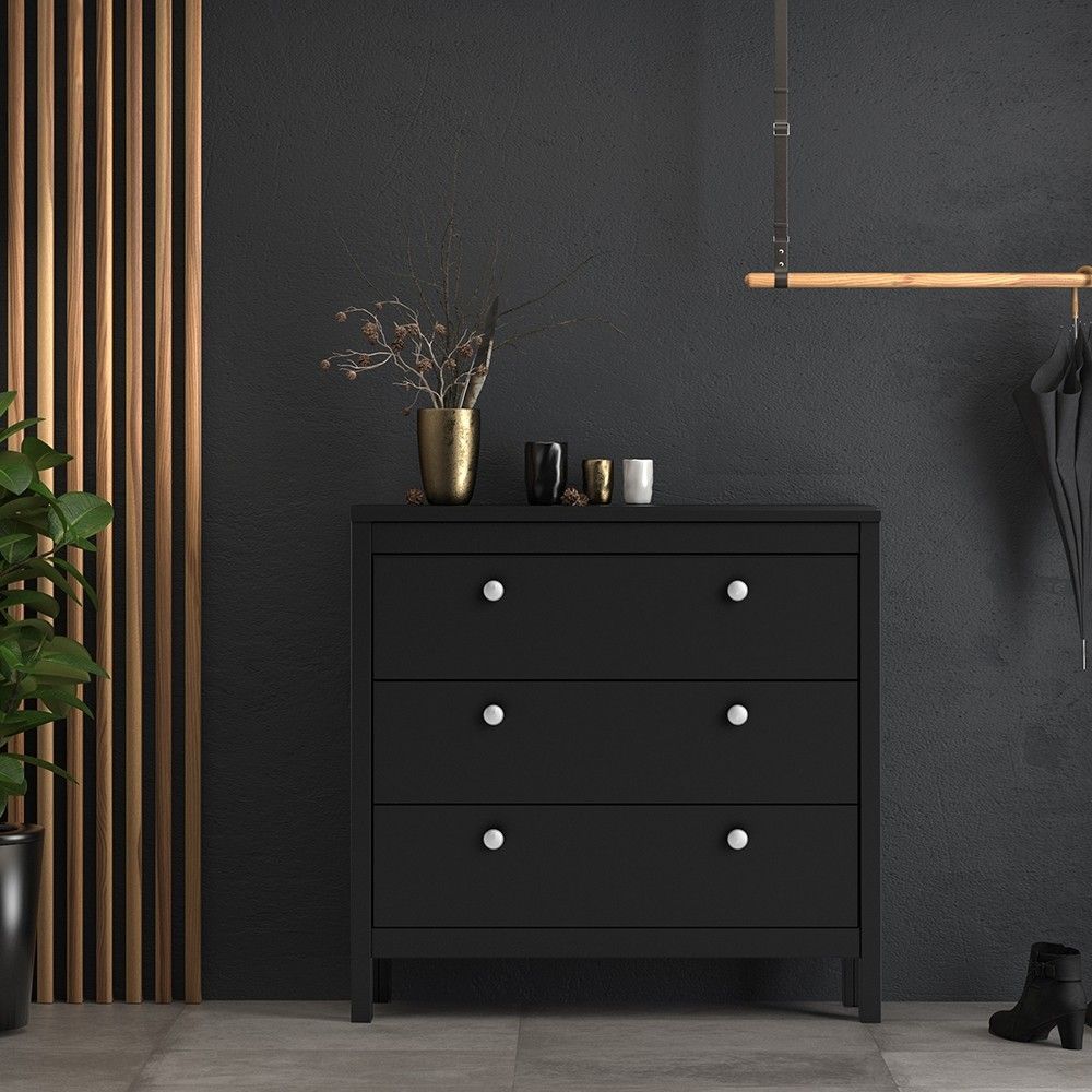 Wide Matt Black 3 Drawer Chest With Metal Handles