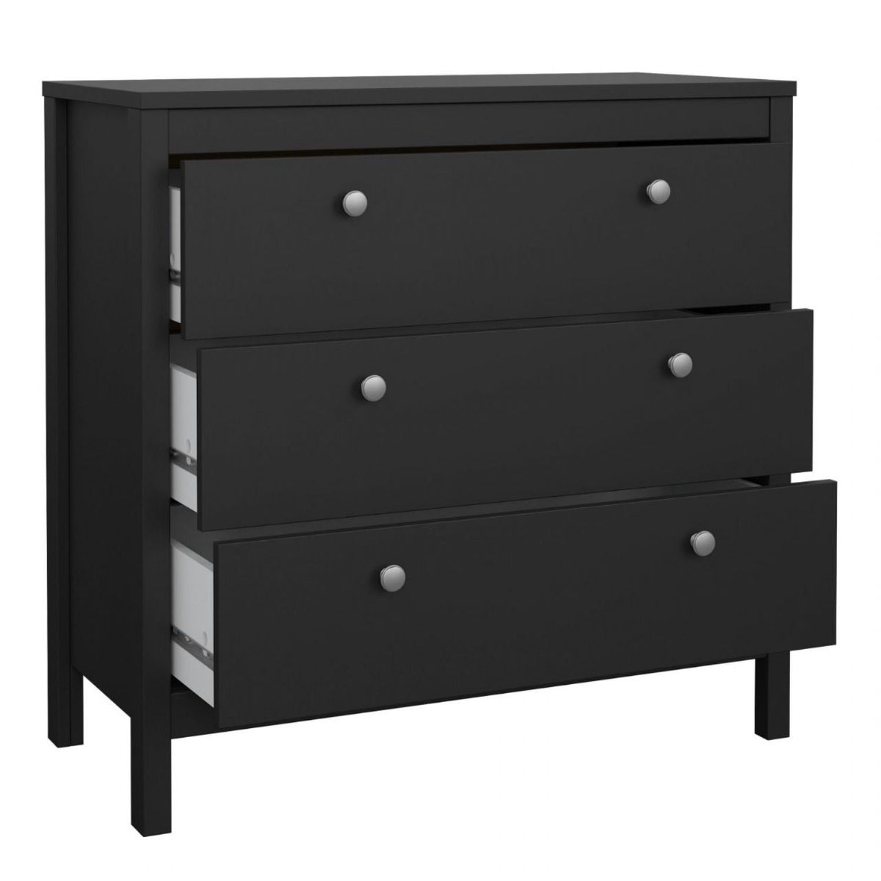 Wide Matt Black 3 Drawer Chest With Metal Handles