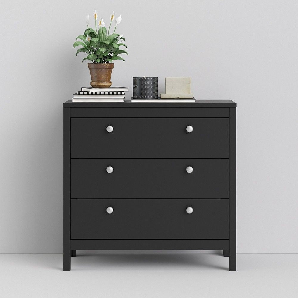 Wide Matt Black 3 Drawer Chest With Metal Handles