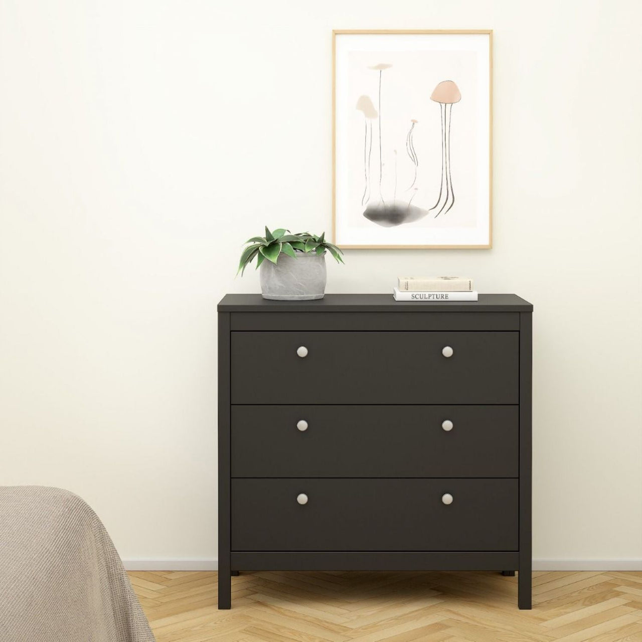 Wide Matt Black 3 Drawer Chest With Metal Handles