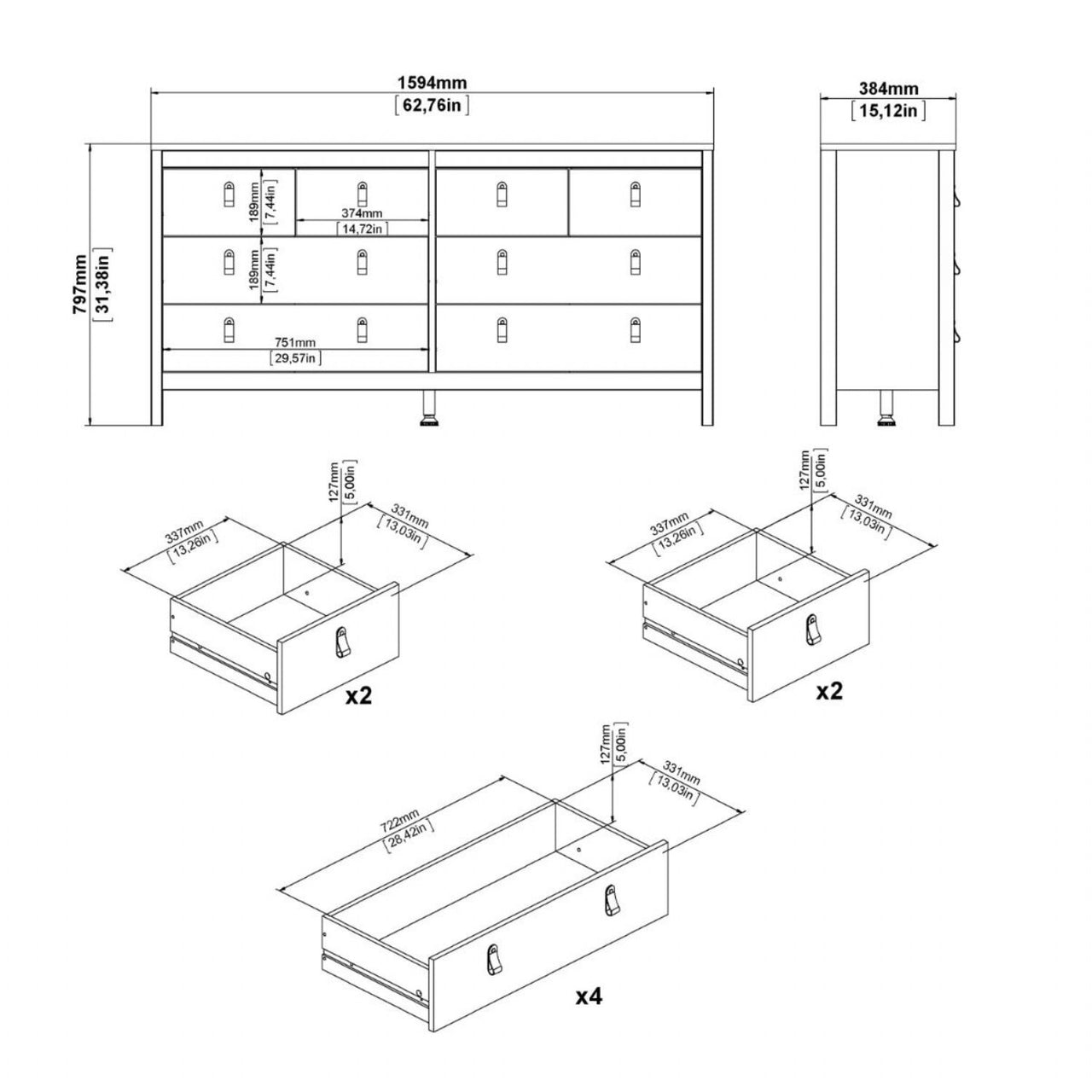 Wide White 8 Drawer Double Dresser With Metal Knobs 79.7x159.4x38.4cm