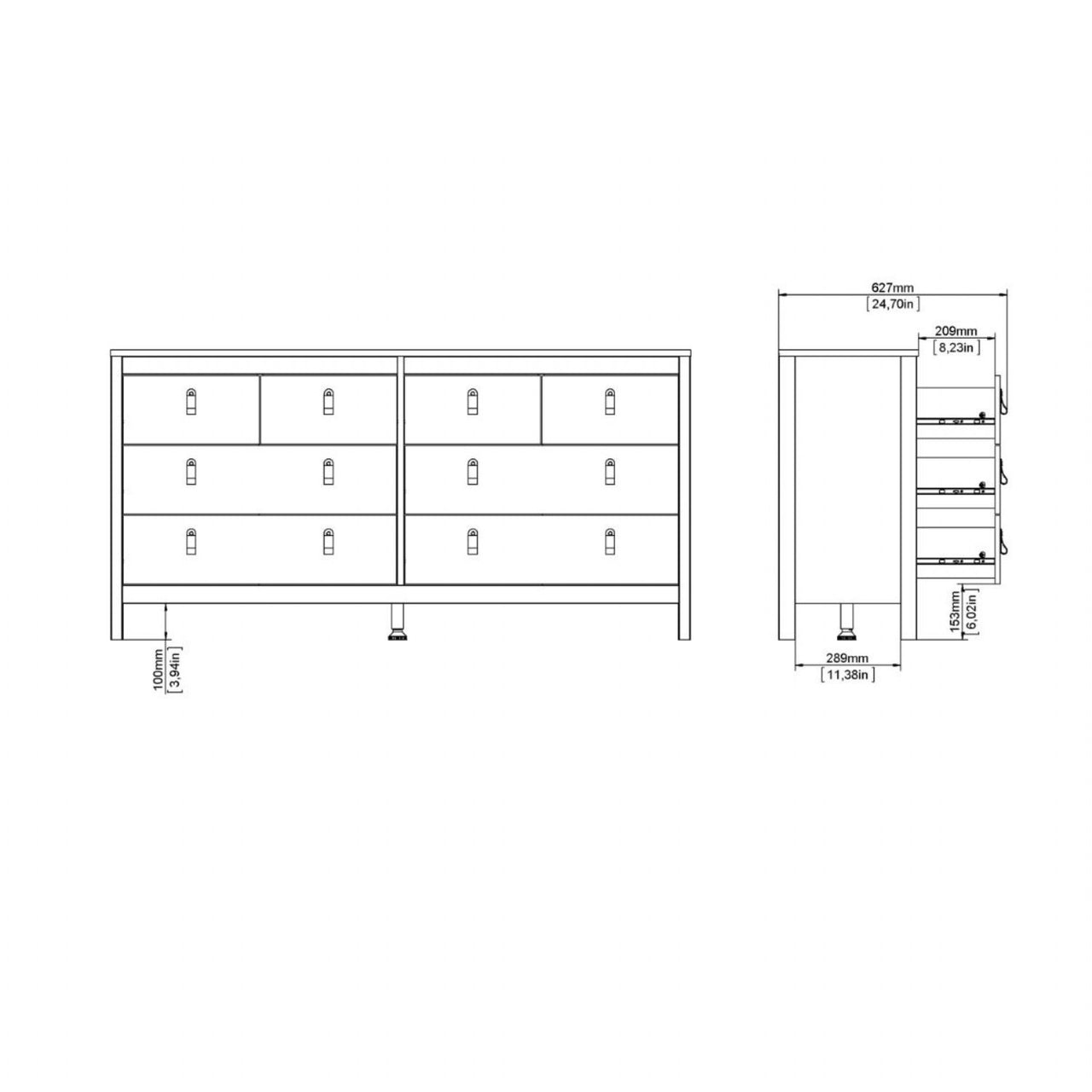 Wide White 8 Drawer Double Dresser With Metal Knobs 79.7x159.4x38.4cm