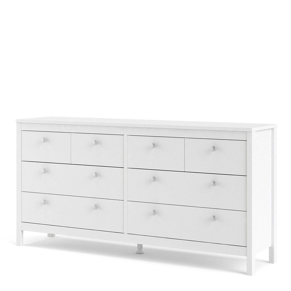 Wide White 8 Drawer Double Dresser With Metal Knobs 79.7x159.4x38.4cm