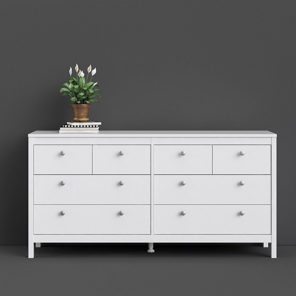 Wide White 8 Drawer Double Dresser With Metal Knobs 79.7x159.4x38.4cm