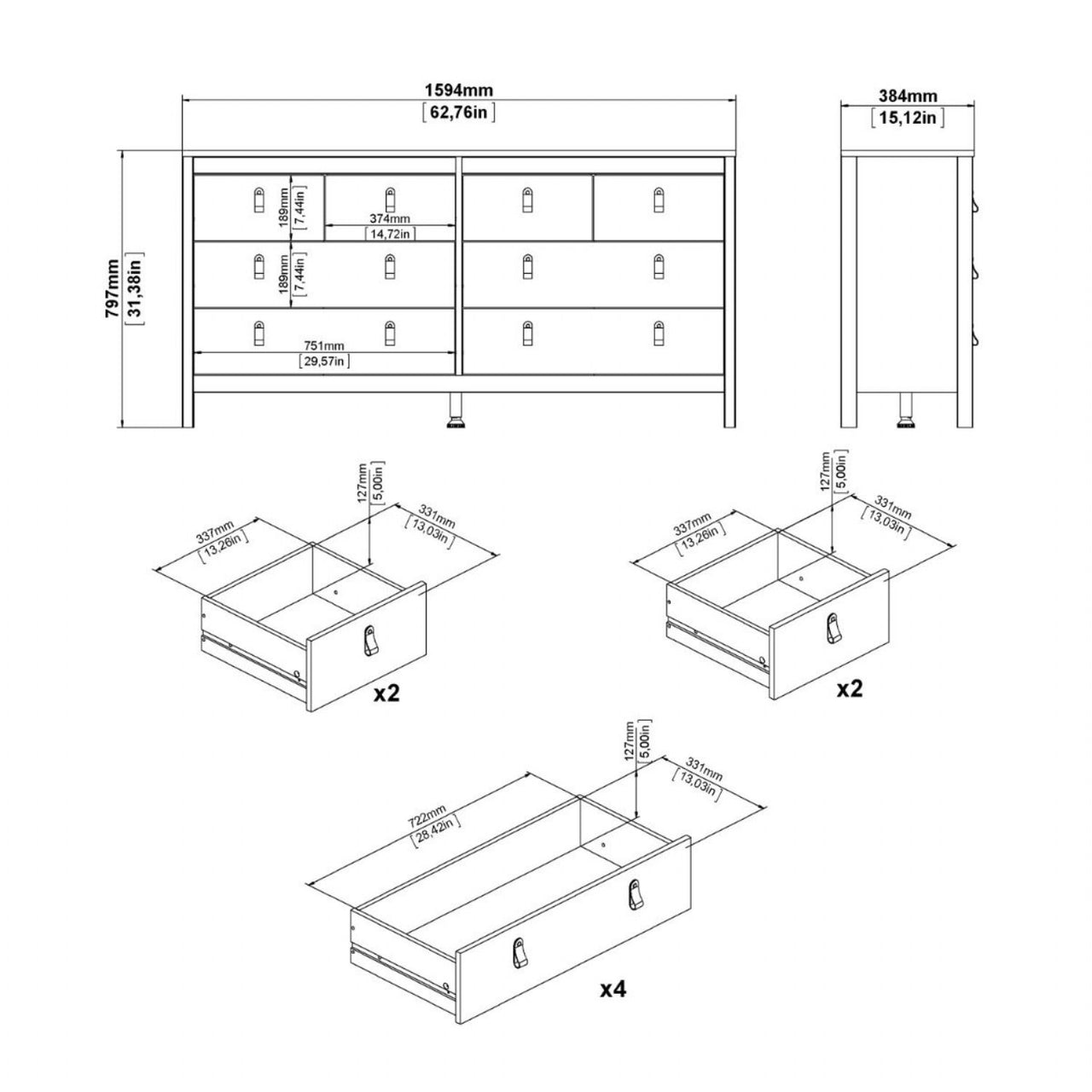 Matt Black 8 Drawer Double Chest With Metal Handles