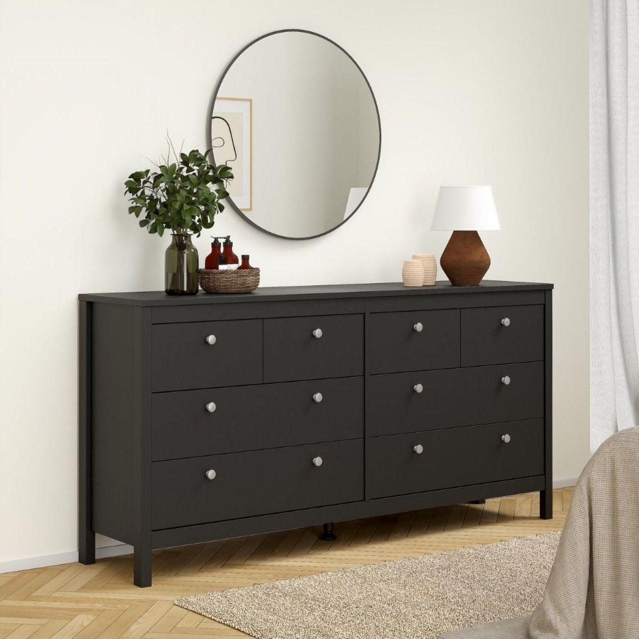 Matt Black 8 Drawer Double Chest With Metal Handles