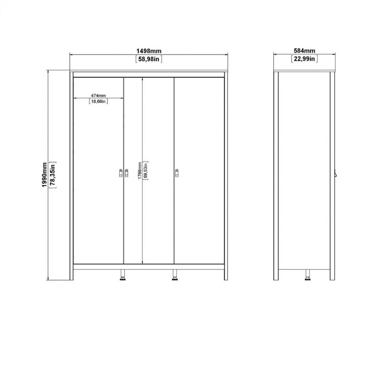 Large White 3 Door Triple Wardrobe 200cm Tall x 150cm Wide