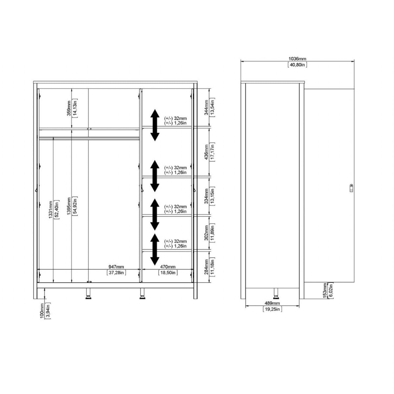 Large White 3 Door Triple Wardrobe 200cm Tall x 150cm Wide