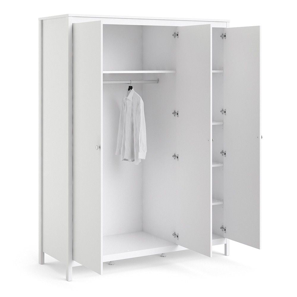 Large White 3 Door Triple Wardrobe 200cm Tall x 150cm Wide