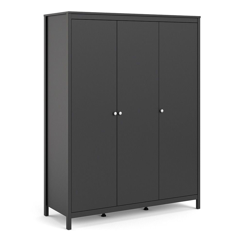 Matt Black 3 Door Triple Wardrobe with 5 Shelves