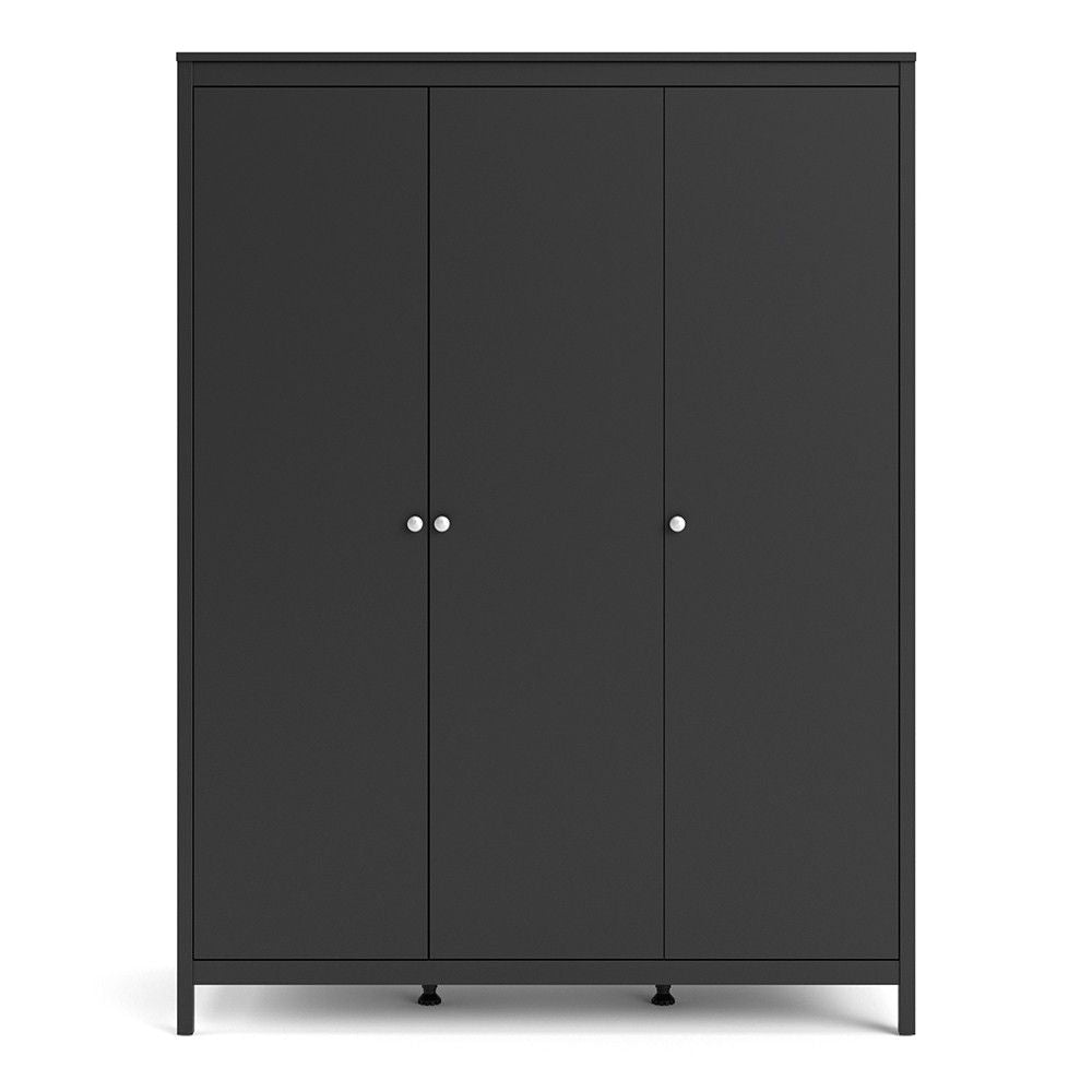 Matt Black 3 Door Triple Wardrobe with 5 Shelves