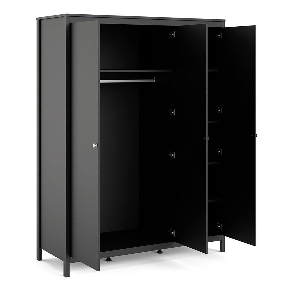 Matt Black 3 Door Triple Wardrobe with 5 Shelves