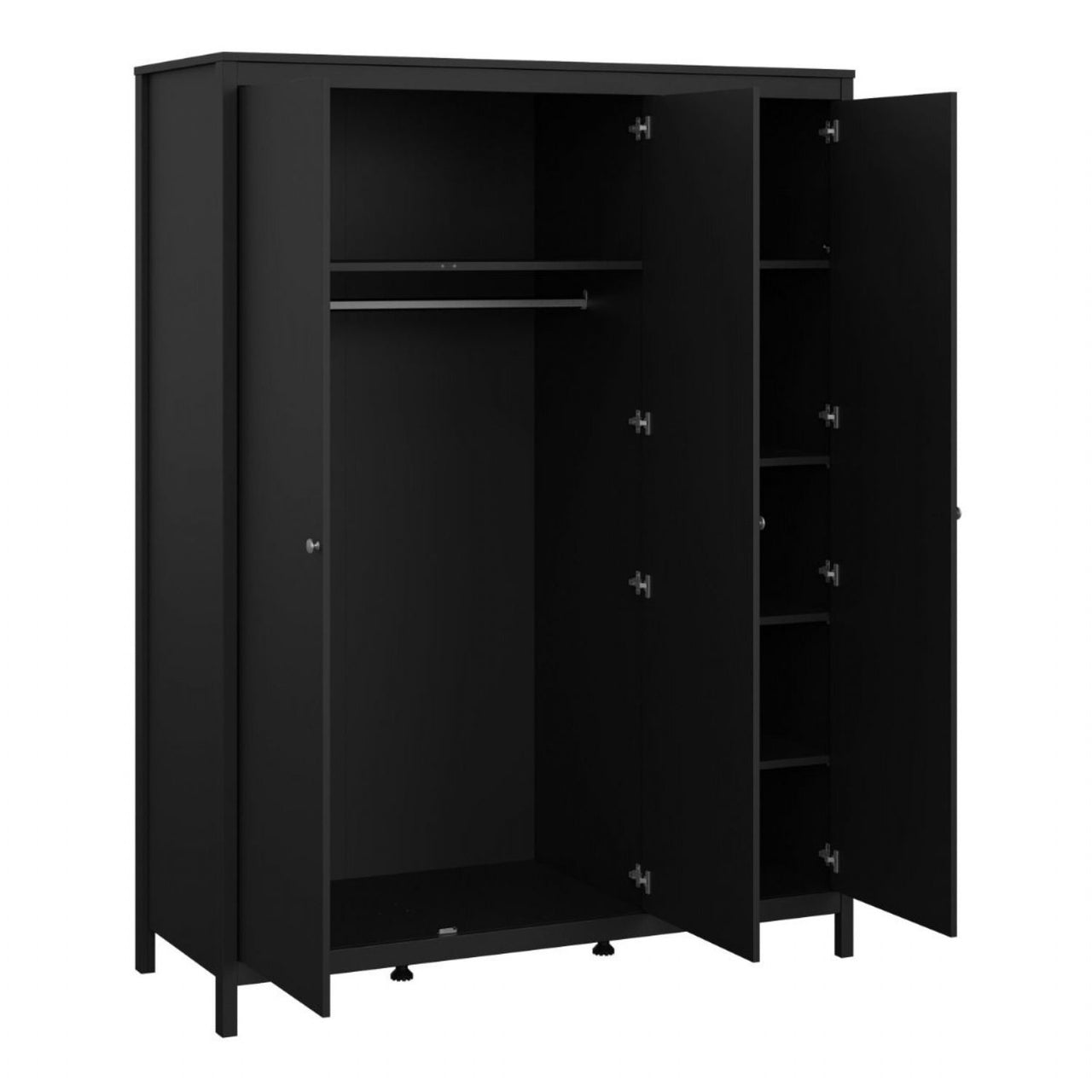 Matt Black 3 Door Triple Wardrobe with 5 Shelves