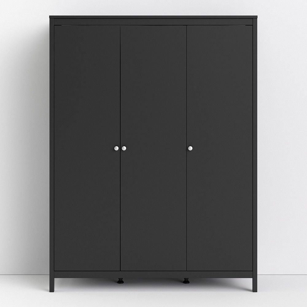 Matt Black 3 Door Triple Wardrobe with 5 Shelves