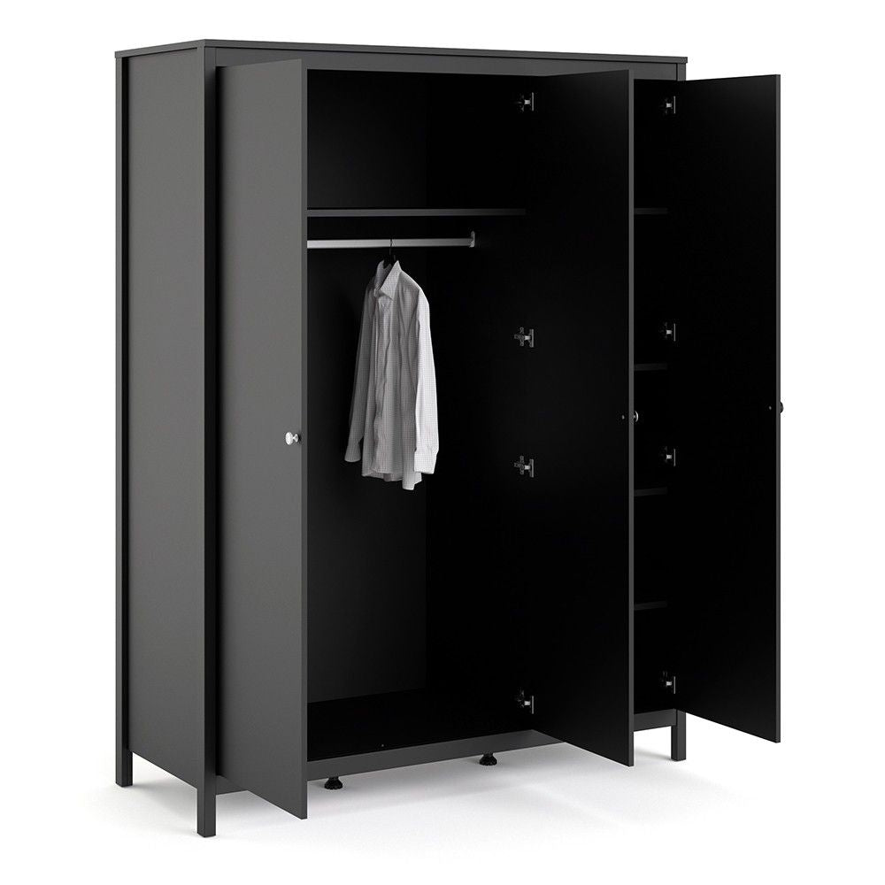 Matt Black 3 Door Triple Wardrobe with 5 Shelves