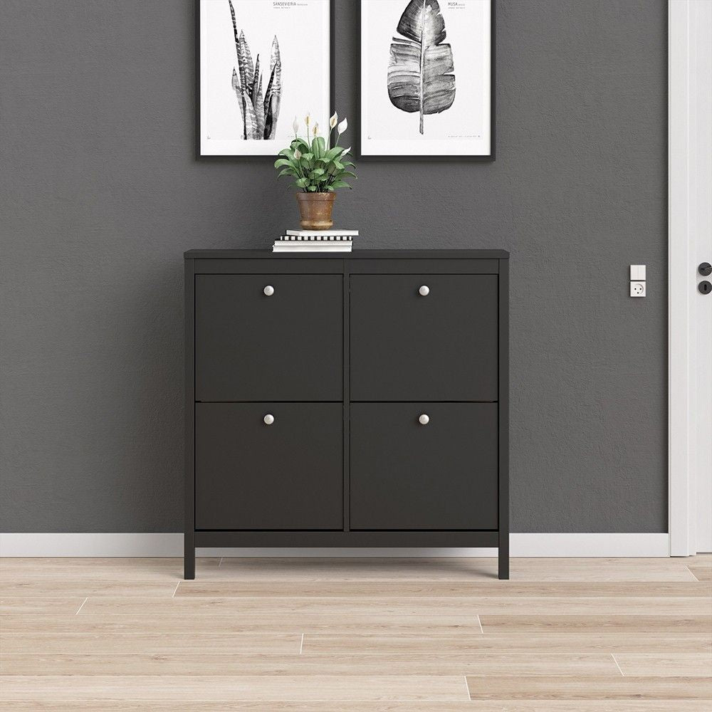 Matt Black 4 Compartment Shoe Cabinet With Metal Knobs